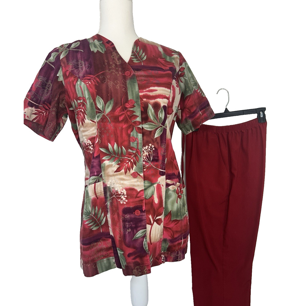 Scrub SET Vintage Peaches Burgandy‎ Floral, Size S
